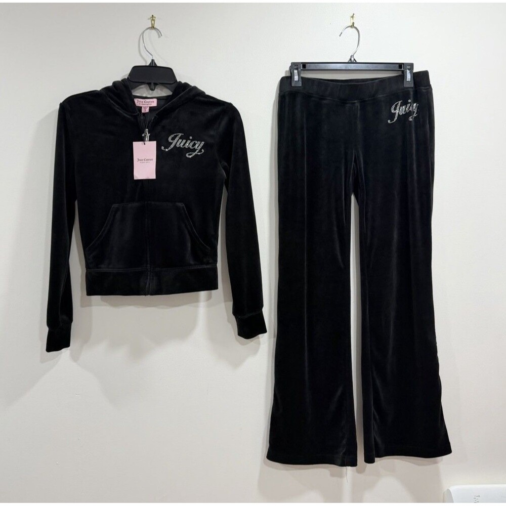 NWT Juicy Couture Velour Bling Tracksuit Set Black Sugar Y2K Size SMALL